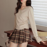 Dark-Academia-Woolen-Plaid-Skirt-and-V-Neck-Top (5)